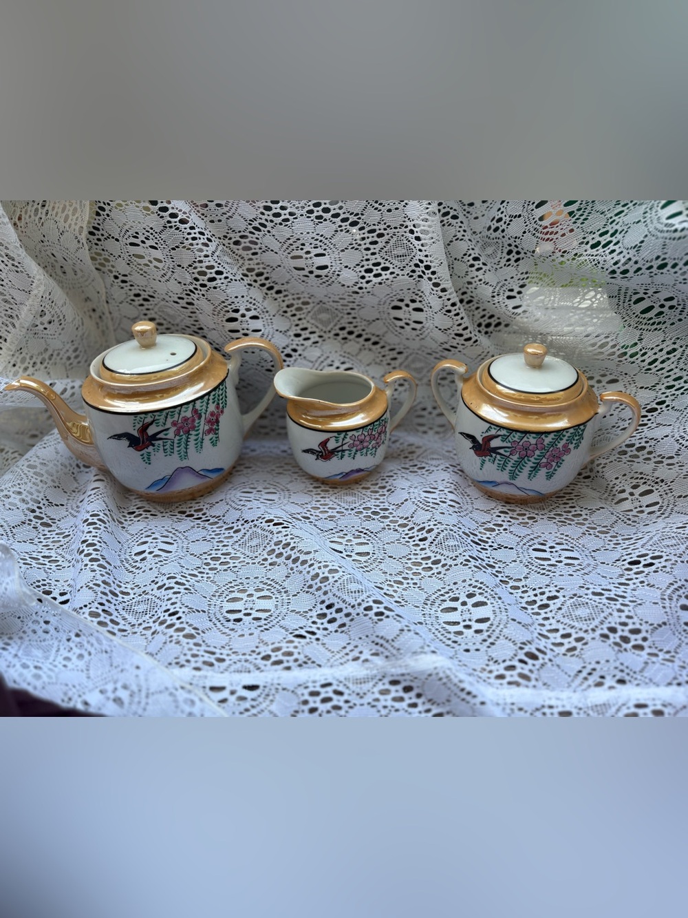 Vintage Japanese Porcelain Tea Set Teapot Creamer Sugar Bowl Bird Floral